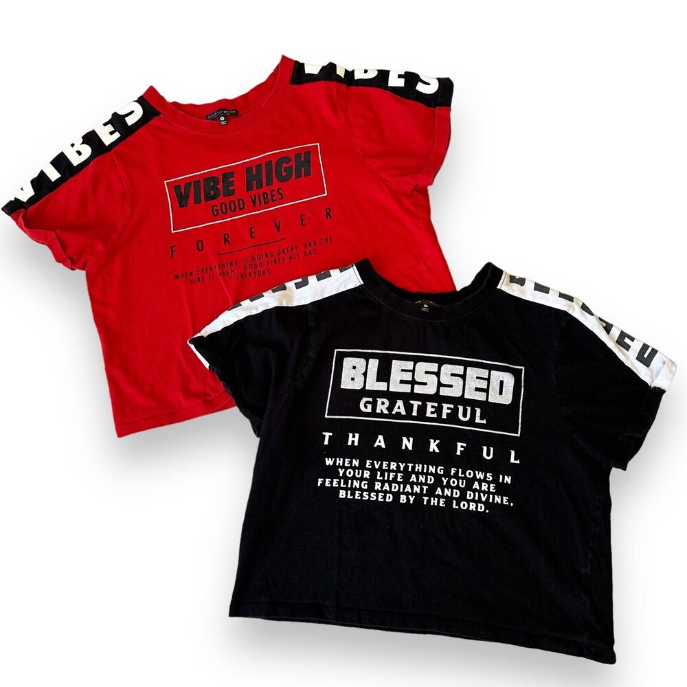 Attitude Not Included Lot of 2 Women Crop Top Shirts Good Vibes Blessed Sz Small